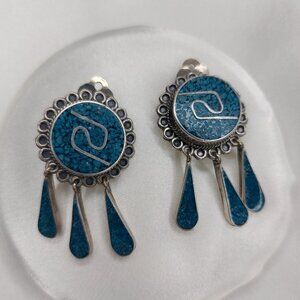 Vintage Mexico Silver Turquoise Earrings Clip On 925 Classic Southwest Dangle